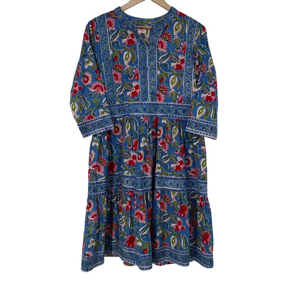 Mary Marshmallow Blue Floral Block Print Cotton Tiered Dress Small Boho Chic